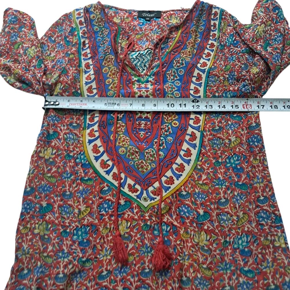 Tolani Tunic Top Women's XS Red Silk Colorful Floral Tassel‎ 3/4 Sleeve Boho - Picture 12 of 13